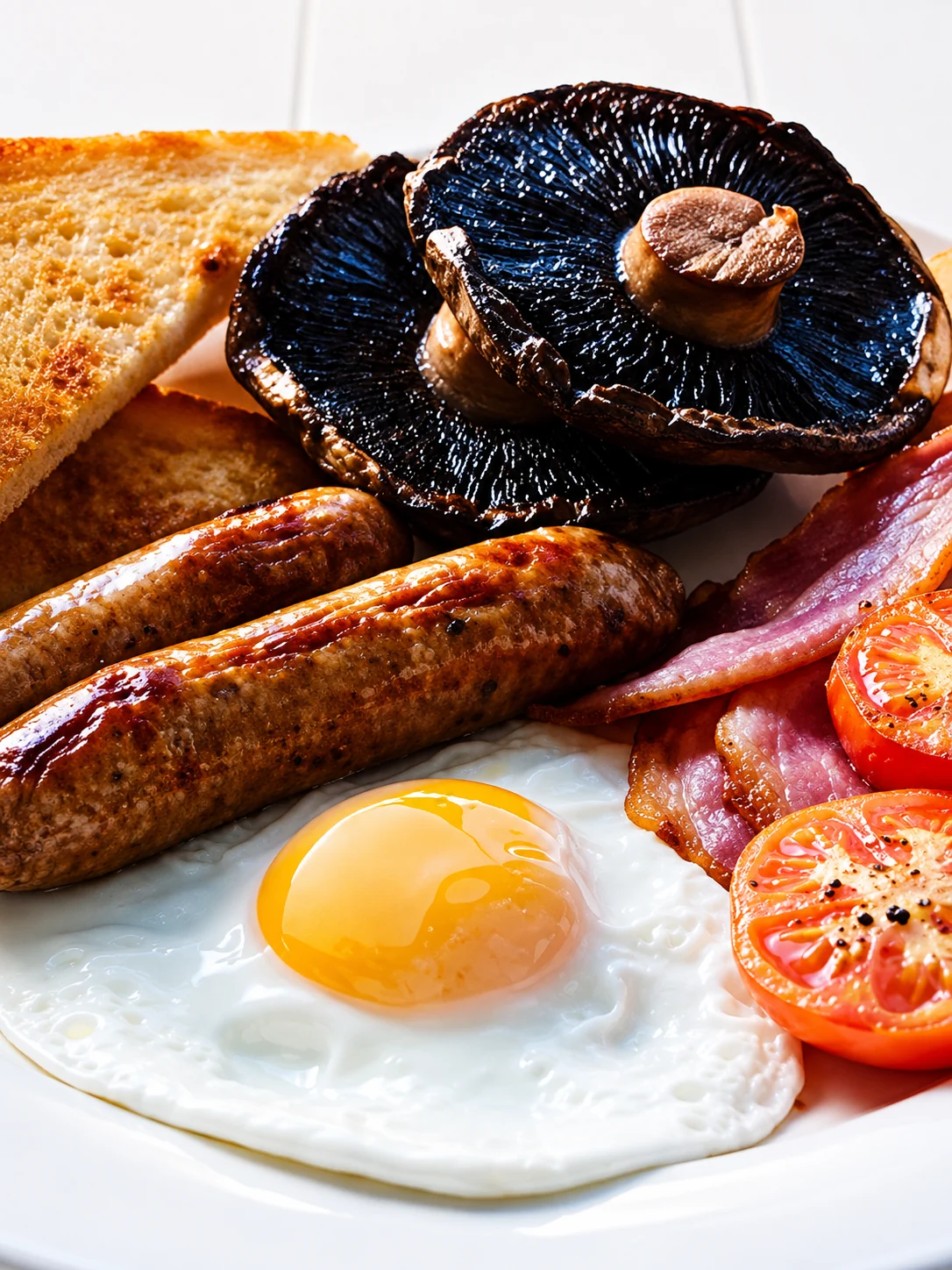 Full English breakfast with egg, sausage, bacon, mushrooms, tomato and toast