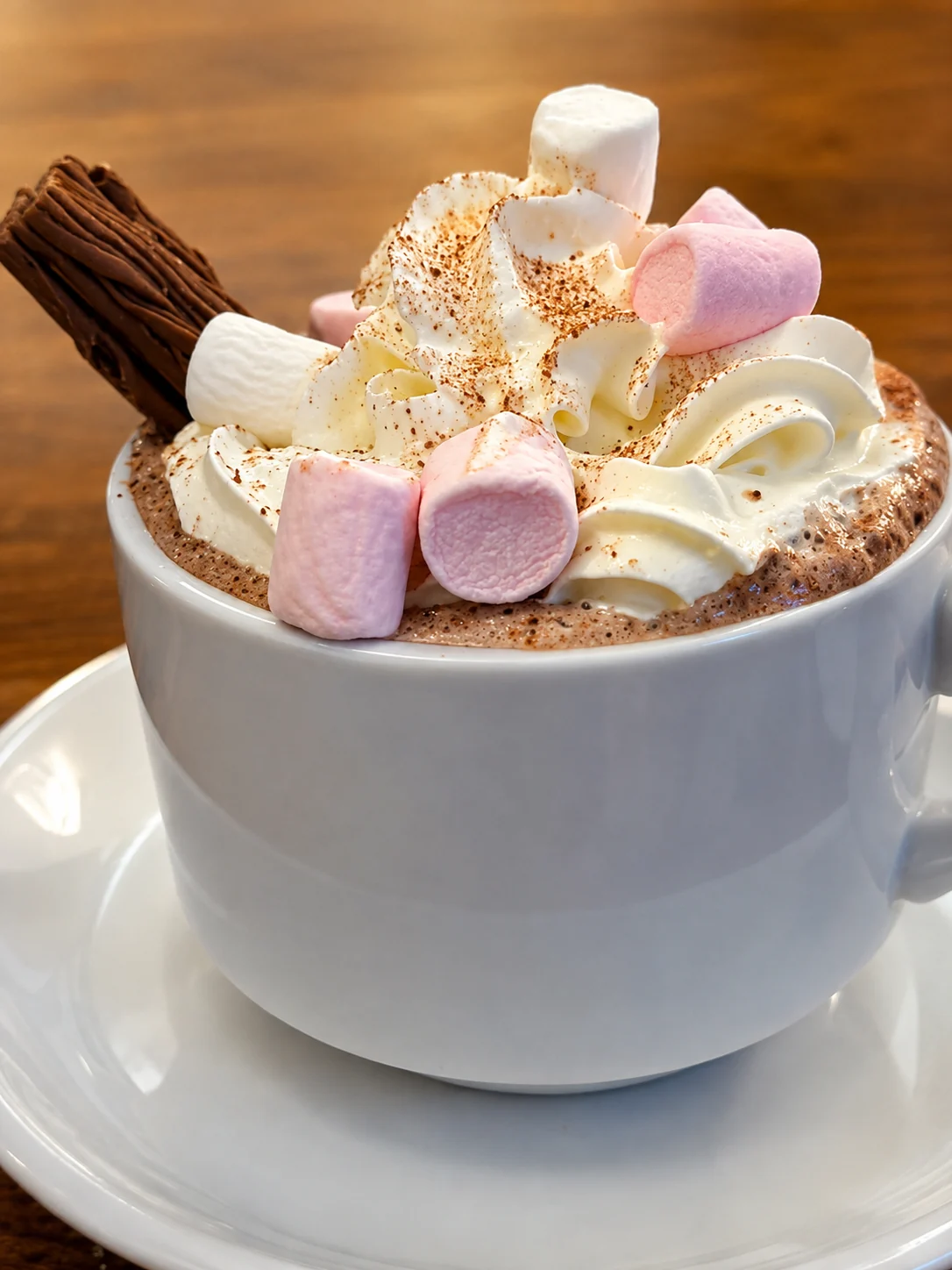 Hot chocolate topped with cream, marshmallows and a chocolate flake