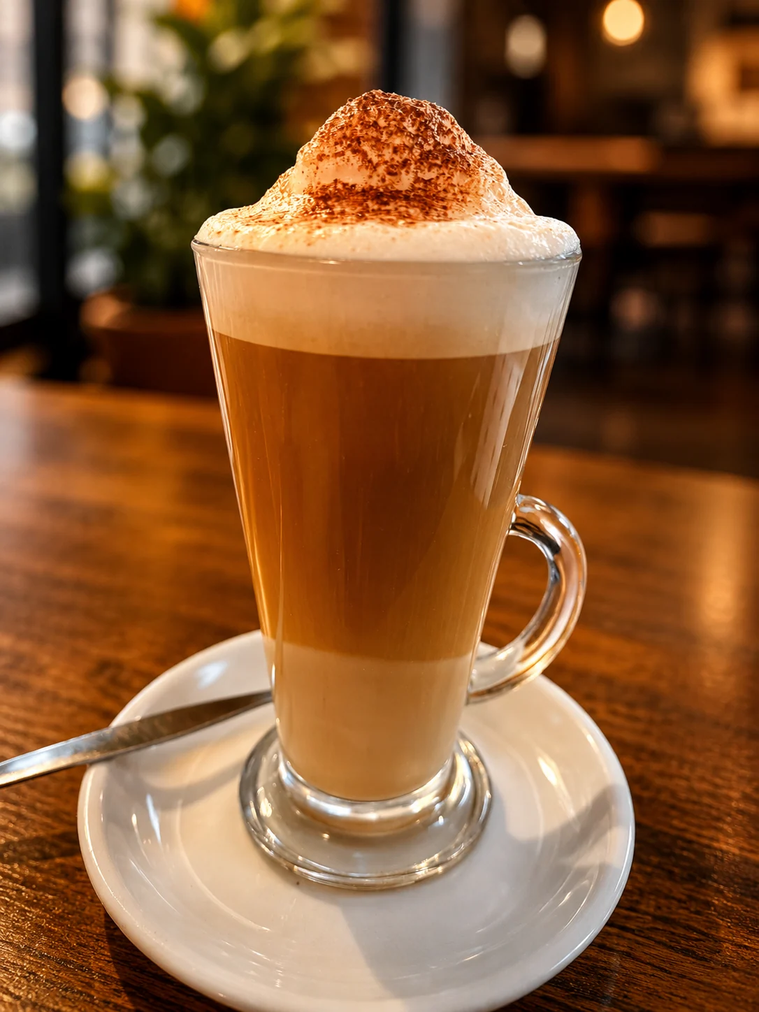 A tall coffee with foam served on a white saucer